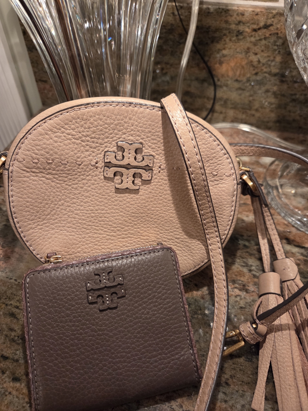 Tory Burch Tan Leather Mini Crossbody Bag with Tassel And Brown Wallett - Picture 1 of 10